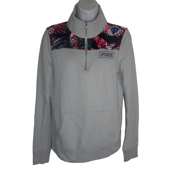 Victoria's Secret Tops - Victoria's‎ Secret PINK Women XS Half-Zip Pullover Sweatshirt Gray Tropical Yolk